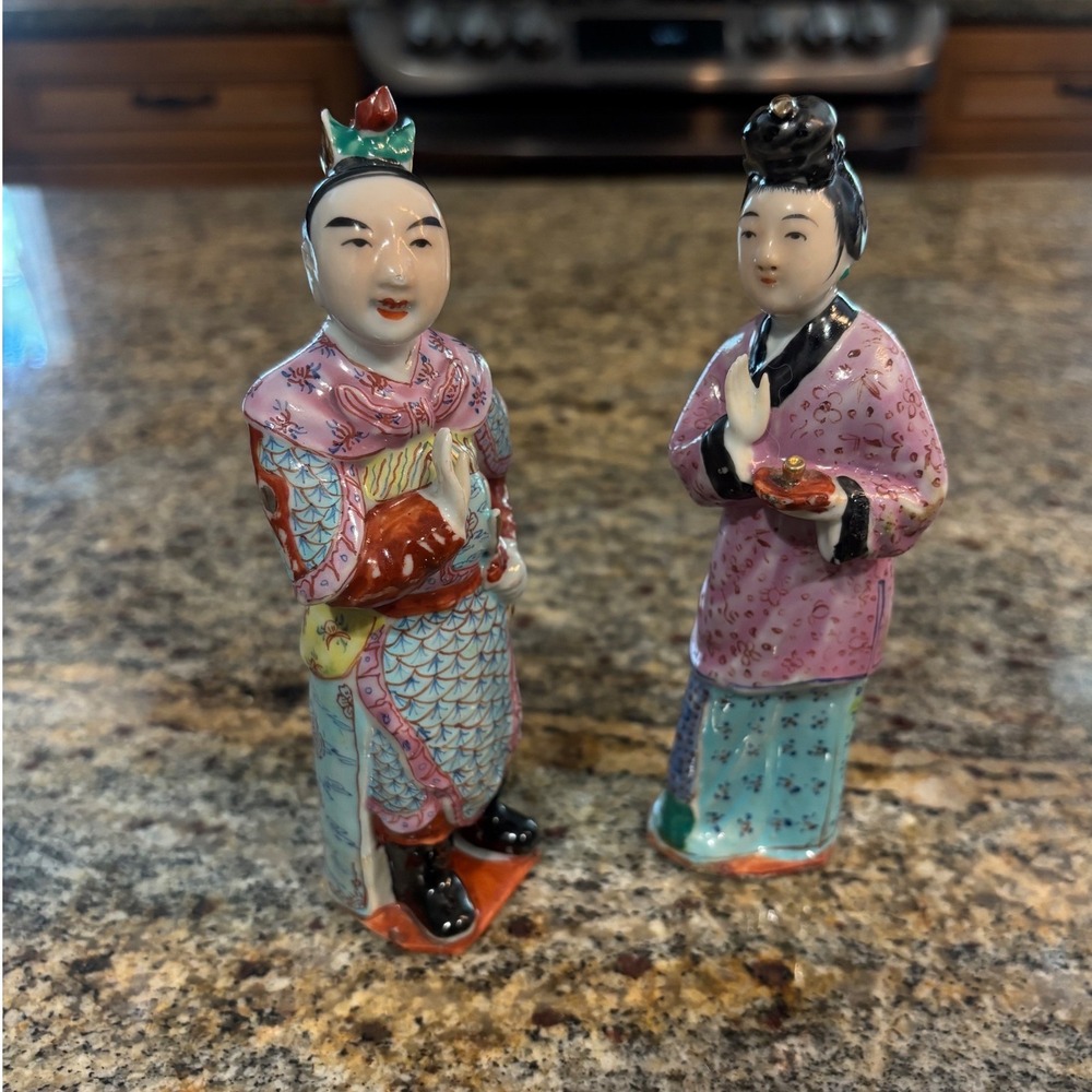 Vtg Japanese Kutani Style Porcelain Figurines Pair Hand Painted Geisha Figures